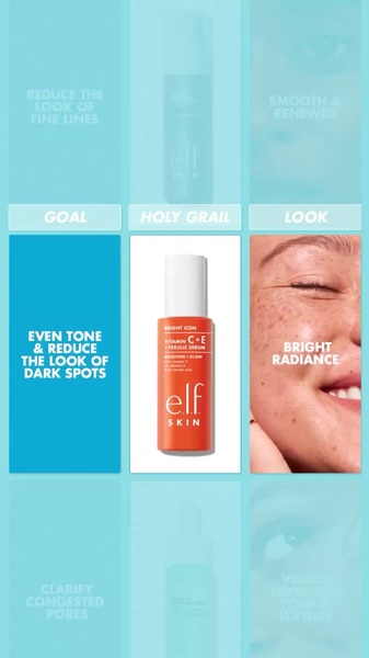 A vertical 9:16 layout using a grid structure to connect skin concerns with the specific product benefits of a brightening serum.